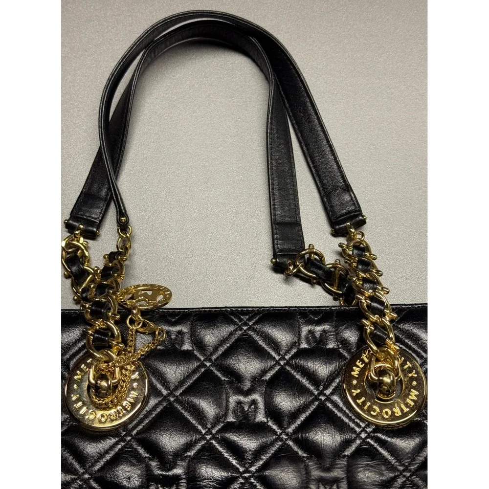 Metrocity Black Quilted Leather‎ Tote Bag Gold Hardware Logo Charm Shoulder Bag